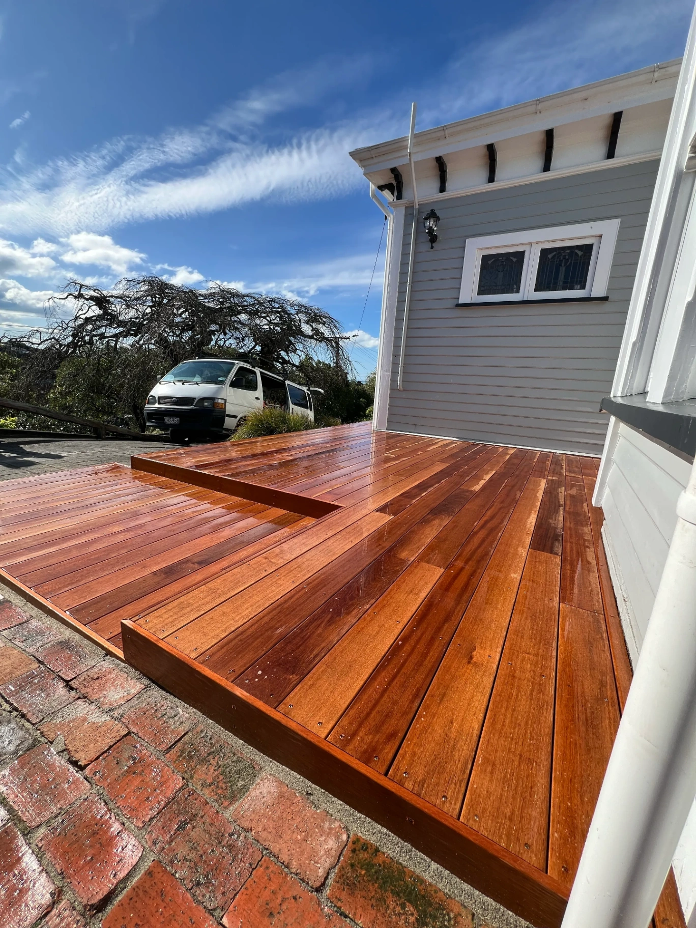 Freshly oiled hardwood deck