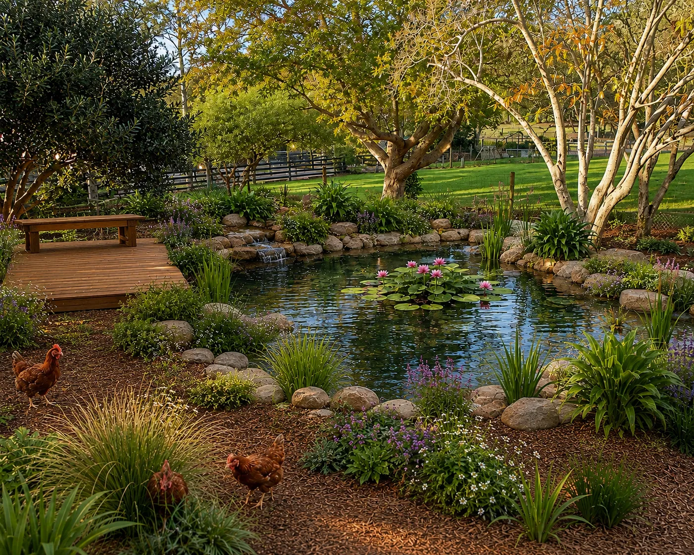 Beacon Hill pond design with water feature and lush planting
