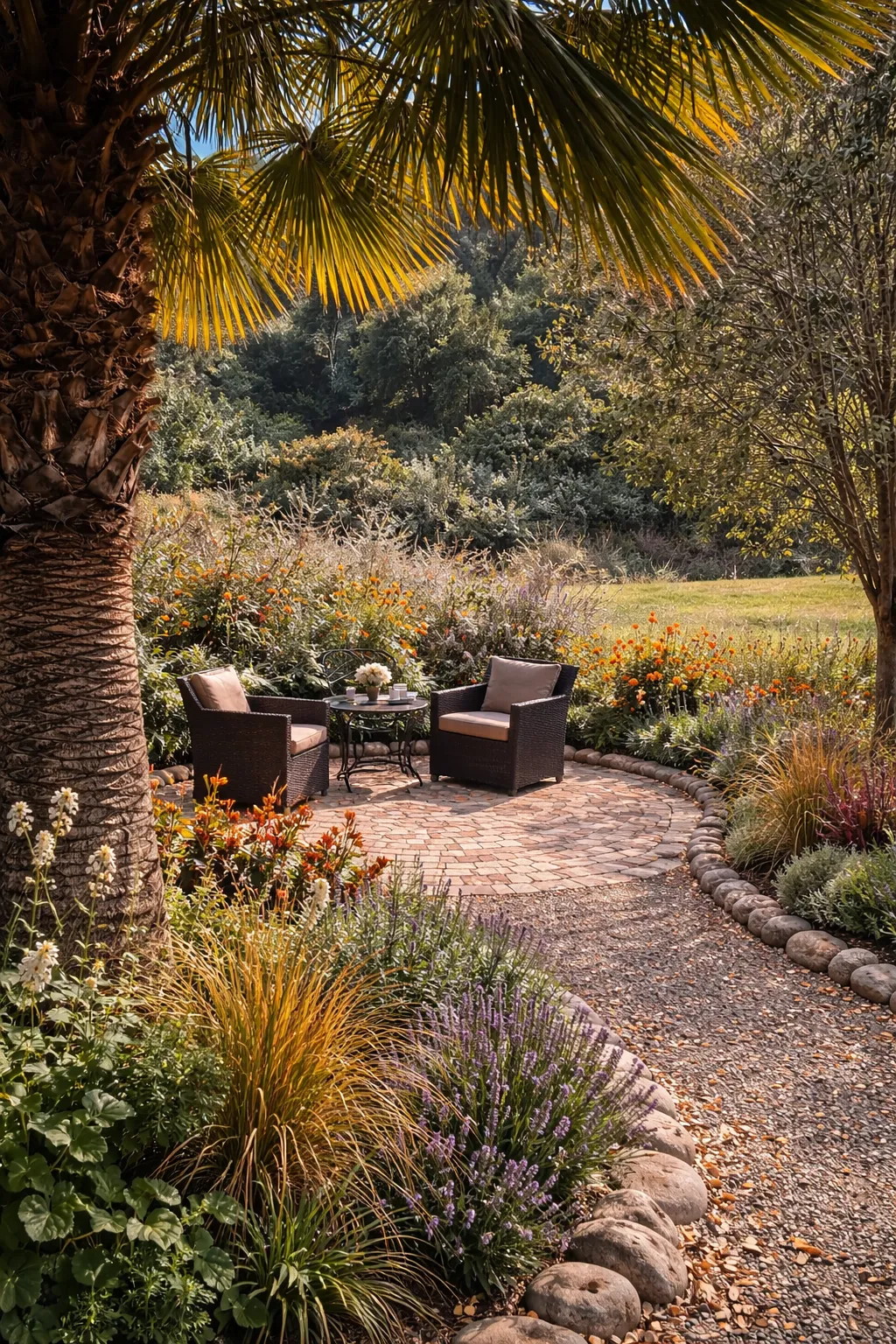 Premium outdoor living vignette with layered planting
