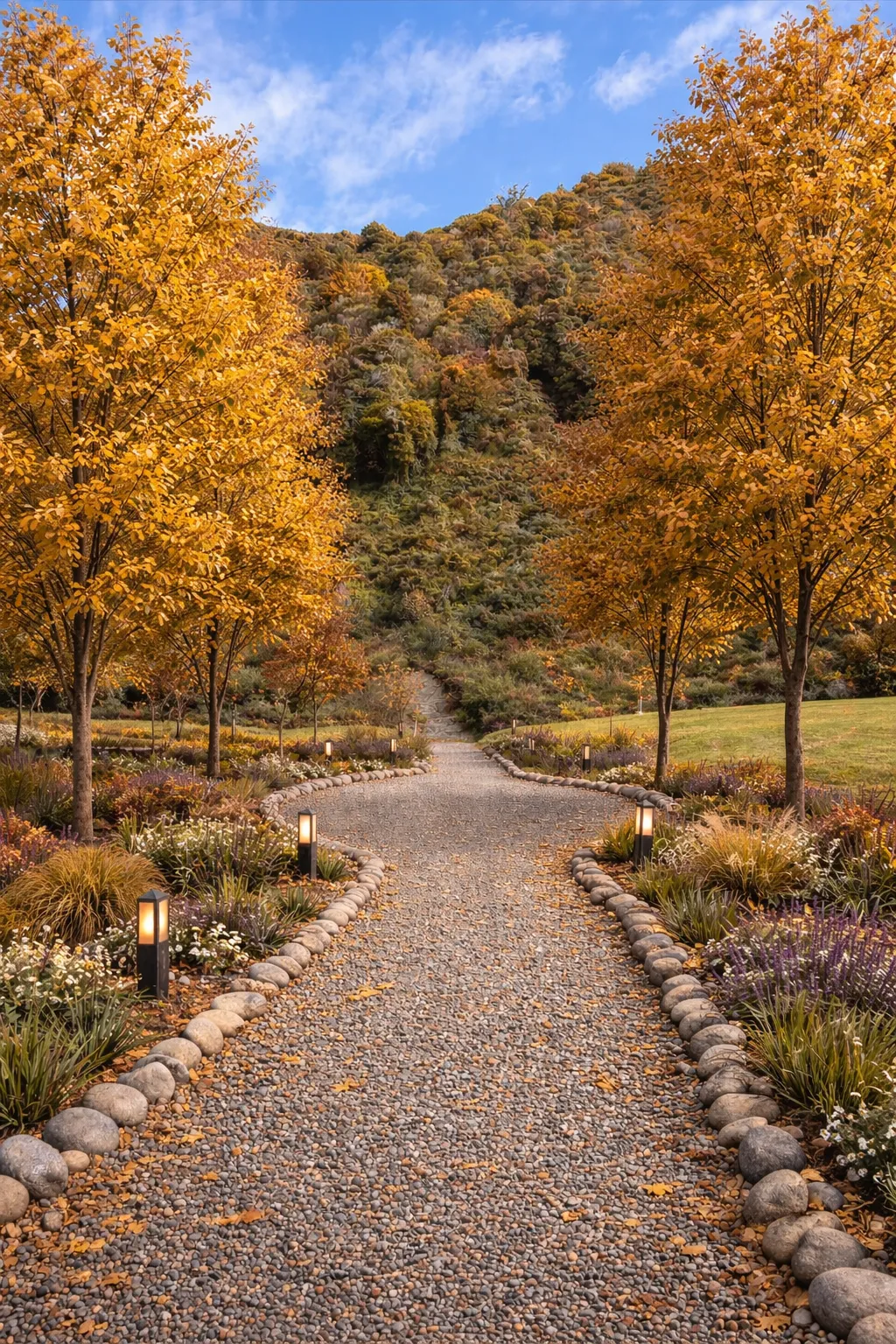 Autumn design pathway with layered planting