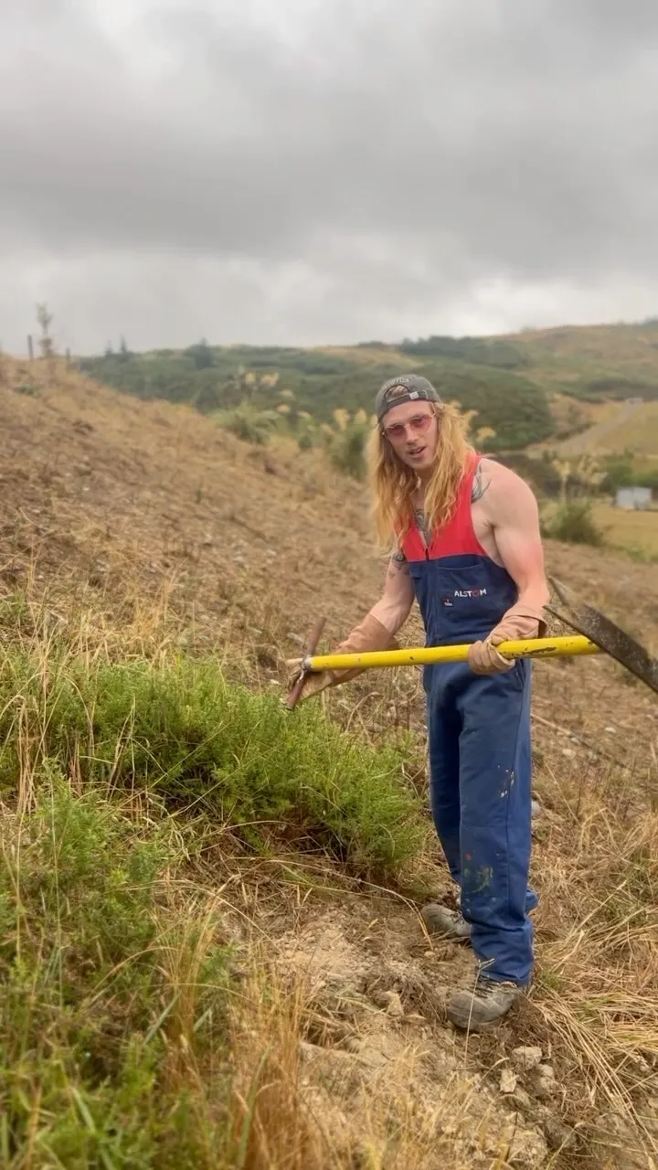 Crew member clearing scrub on a hillside